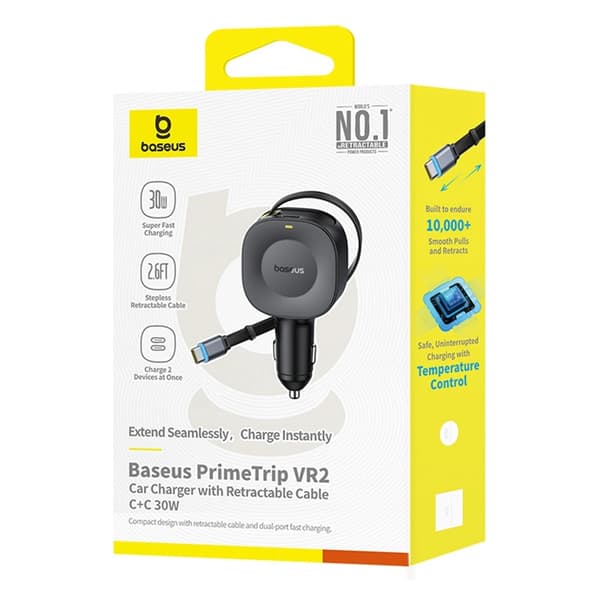 Baseus Biloplader 30W med Udtrækkelig Kabel PrimeTrip VR2 - Sort