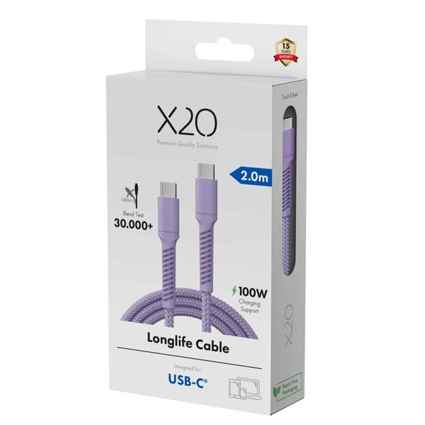 X2O Longlife 100W USB-C/C-kaapeli 2 m laventeli