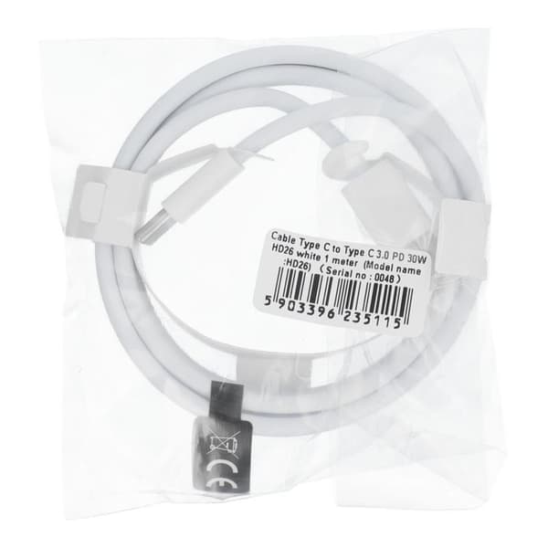 USB-C til USB-C kabel 1m 30W HD26 - Hvid