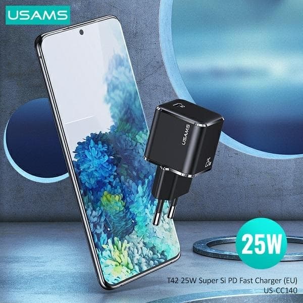 USAMS Vægoplader 1xUSB-C T42 Mini 25W Super SI PD3.0 Sort