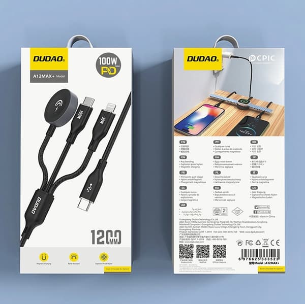 Dudao 3in1 Apple Watch oplader m/USB-C/Lightning-kabel A12Max Plus - Sort