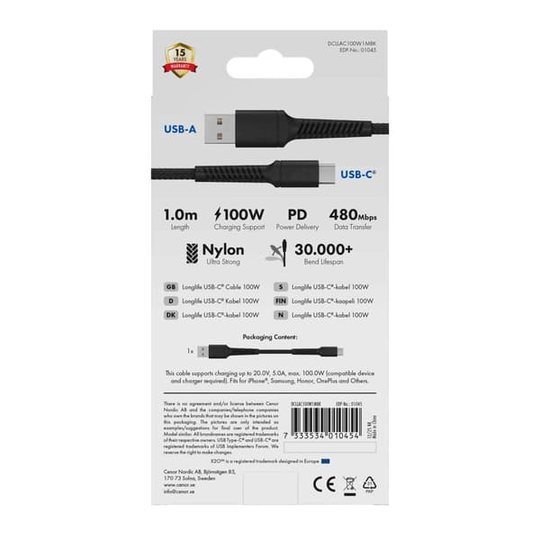 X2O Longlife 60W USB-A/C-kabel 1 m sort