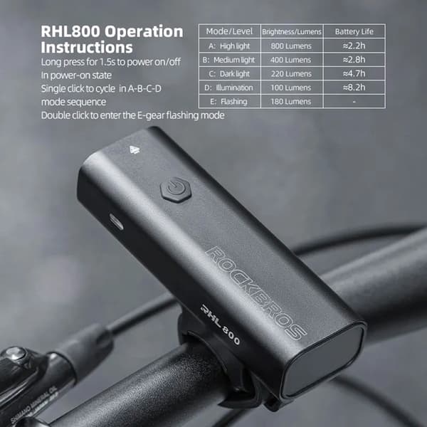 Rockbros Frontcykel Lys 800 lm - Sort