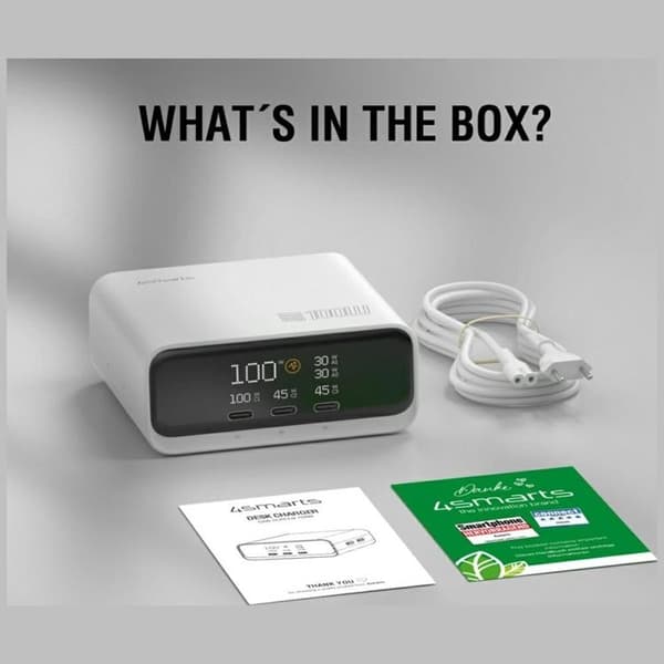 4smarts Ladestation 100W GaN 3xUSB-C 2xUSB-A med Display - Hvid