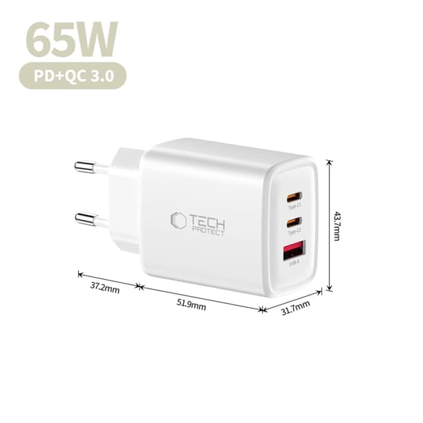 Tech-Protect 3-ports hurtigoplader PD 65W QC3.0 NCA65W-GAN