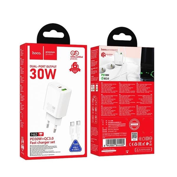 Hoco Snabbladdare 30W 1xUSB-A 1xUSB-C med USB-C Kabel N63 - Vit