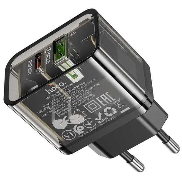Hoco Hurtigoplader PD 20W USB-A USB-C QC3.0 3A N34 - Sort
