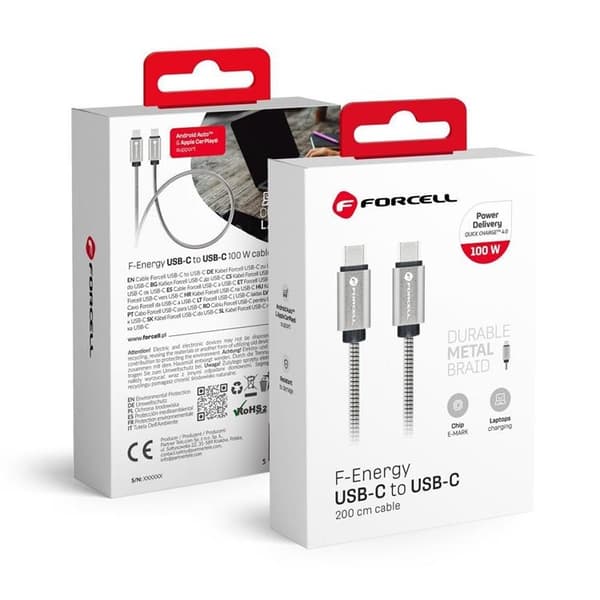 Forcell USB-C til USB-C 100W 5A Kabel 2m PD QC C239 Sølv