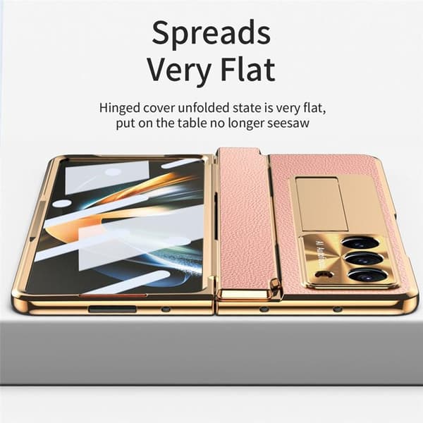 Mobilskal för Galaxy Z Fold 6 5G Läder+PC Kickstand - Guld/Rosa