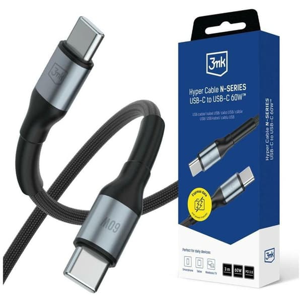 3MK USB-C til USB-C 60W Kabel 20V/3A 3m N-SERIES Hyper - Sort