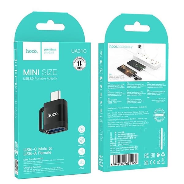 Hoco-sovitin OTG USB-C–USB-A 3A UA31C – Musta