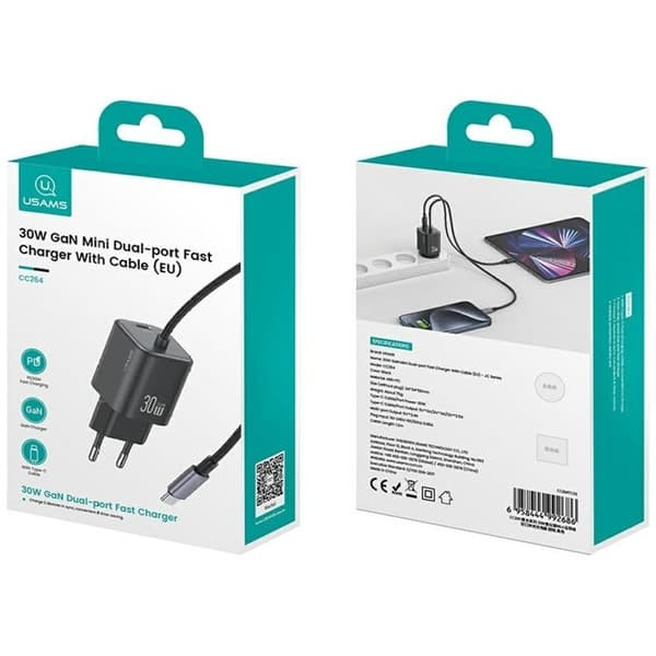 USAMS Hurtigoplader 30W 2xUSB-C GaN Mini JC - Sort