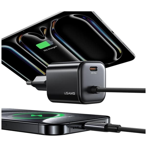 USAMS Hurtigoplader 30W 2xUSB-C GaN Mini JC - Sort