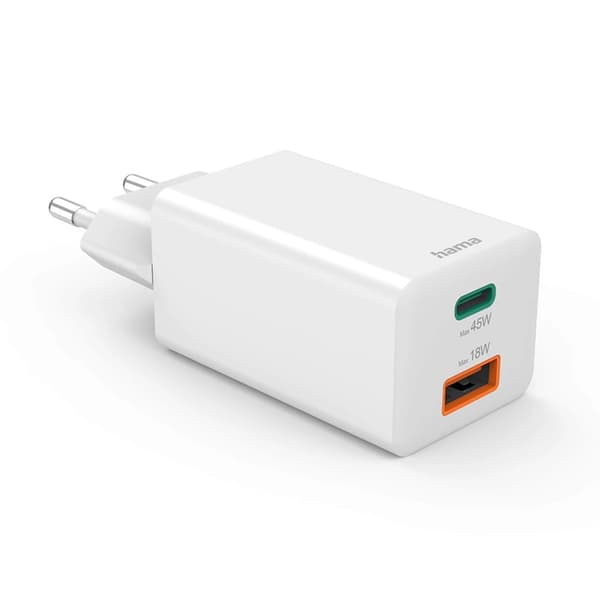 Hama Snabbladdare 45W 1xUSB-C 1xUSB-A GaN - Vit