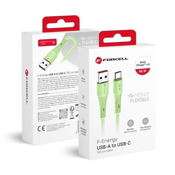 FORCELL USB-A til USB-C 66W Kabel 3A 1m QC4.0 Silikone C342 - Grøn