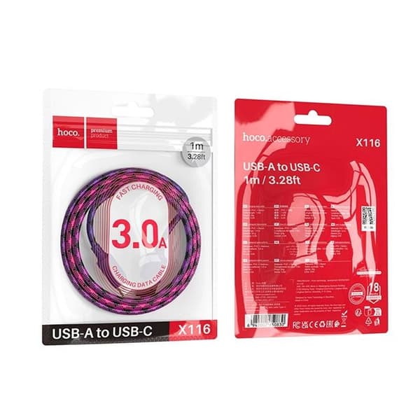 HOCO USB-A till USB-C Kabel 3A 1m Nylon X116 - Gradient Lila