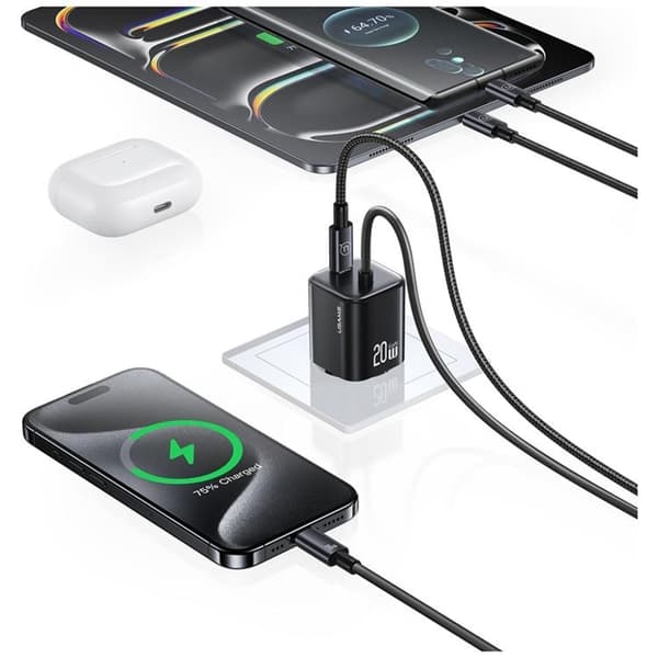 USAMS Hurtigoplader 20W 2xUSB-C GaN Mini JC - Sort