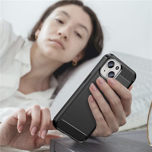 Telefontaske til iPhone 15 Plus Carbon Fiber Børstet - Sort