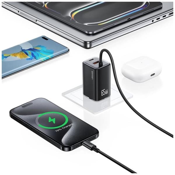 USAMS Hurtigoplader 65W 2xUSB-C 1xUSB-A GaN JC - Sort