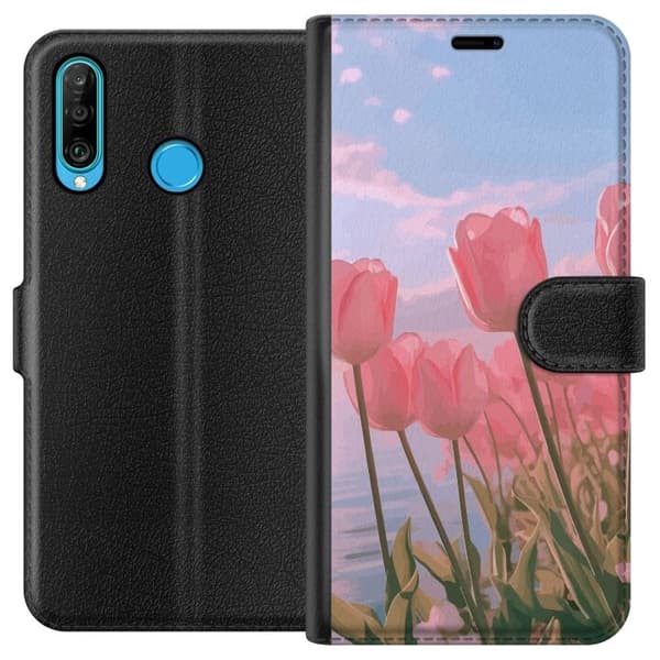 Pung Taske til Huawei P30 lite med Lyserøde Tulipaner