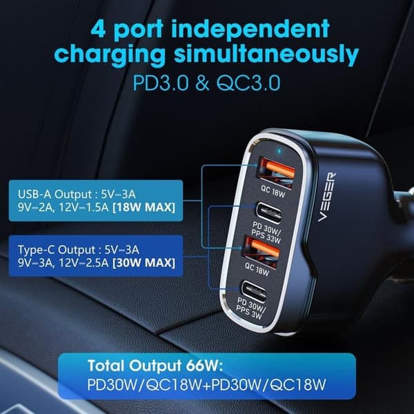 VEGER Billaddare 66W 2xUSB-A 2xUSB-C 3A CC53-2A2C - Svart