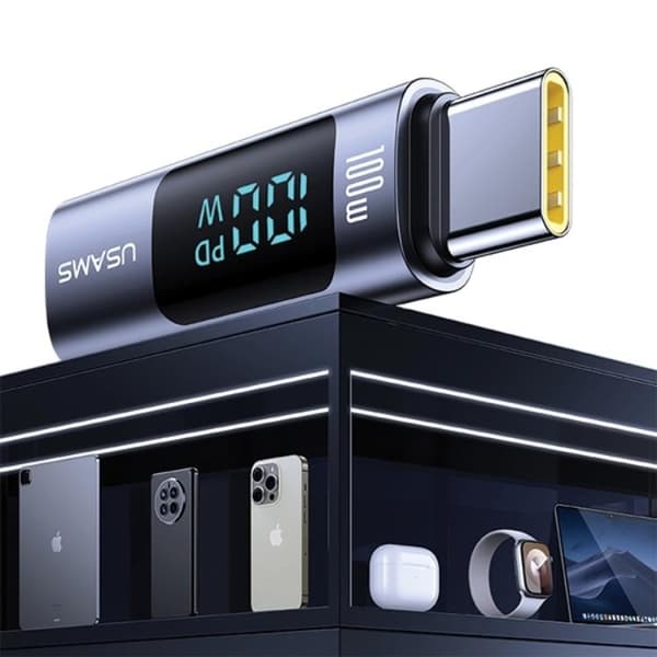 USAMS USB-C–USB-C-adapter 100W näytöllä – Teräs