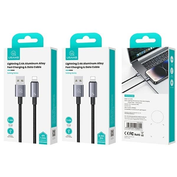 USAMS Lightning-kaapeli USB 2,4A 1,2 m SJ667USB01 - Teräs