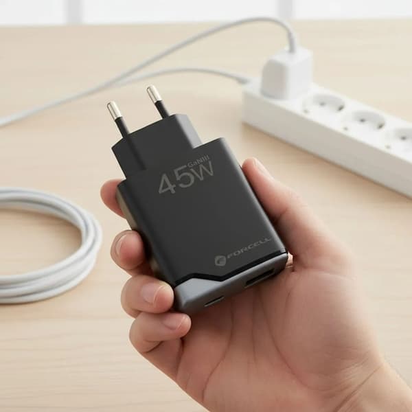Forcell Hurtigoplader USB C til USB A 45W GaN III PD 3A - Sort