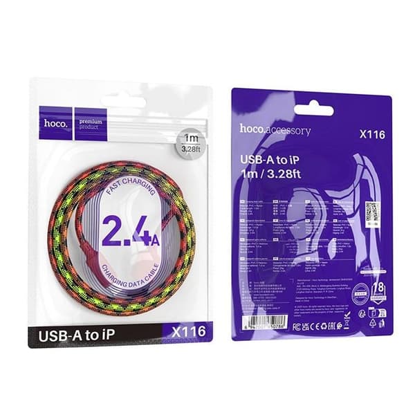 HOCO USB-A til Lightning Kabel 2.4A 1m Nylon X116 - Gradient Rød