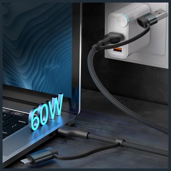 3MK USB-A/USB-C - USB-C/Lightning 60W kaapeli 9V/2A 1.2m Hyper - Musta