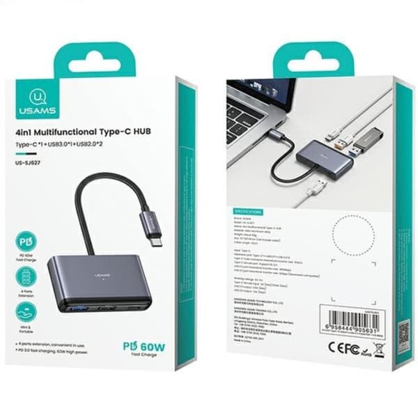 USAMS 4in1 Adapter Hubb USB-C 2xUSB 2.0. USB 3.0 - Grå