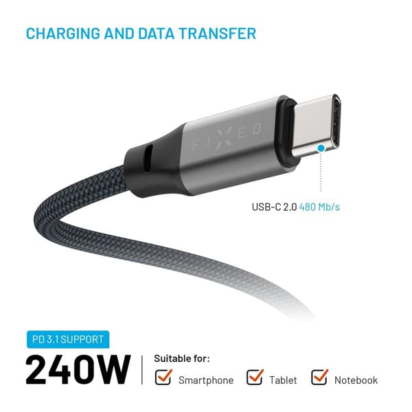 FIXED MAGNETIC 240W USB-C/C sammenfiltringsfri kabel 2m Sort