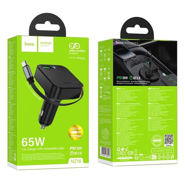 Hoco biloplader 65W USB-A USB-C med udtrækkeligt kabel NZ18 - sort