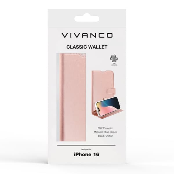 Vivanco Classic Plånboksfodral iPhone 16 Rosa Guld