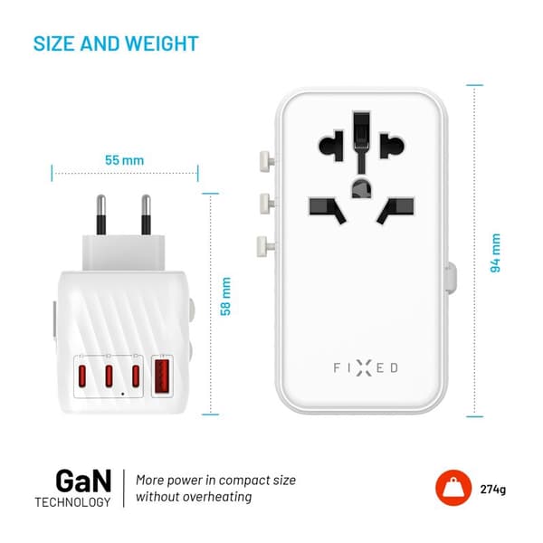 FIXED Rejseadapter/oplader USB-C/-A 85W EU/UK/USA/AUS