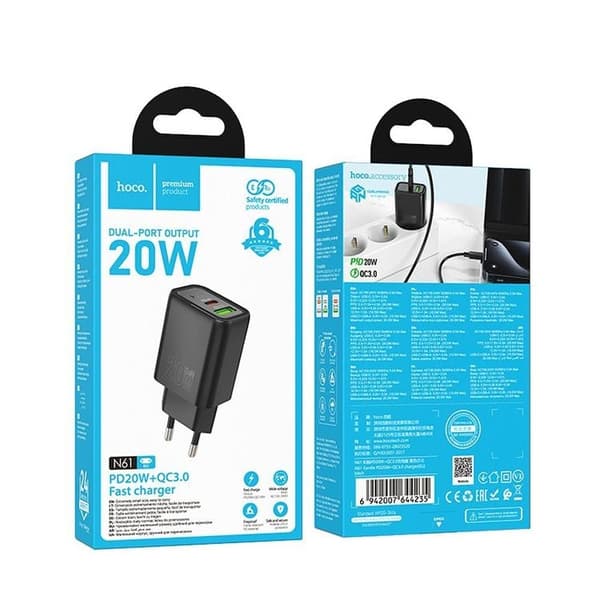 Hoco Snabbladdare 20W 1xUSB-A 1xUSB-C PD QC3.0 3A N61 - Svart