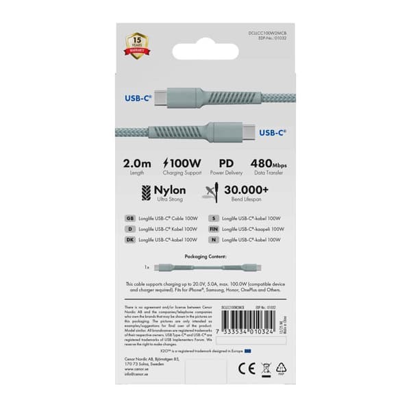 X2O Longlife 100W USB-C/C-kabel 2 m skyblå