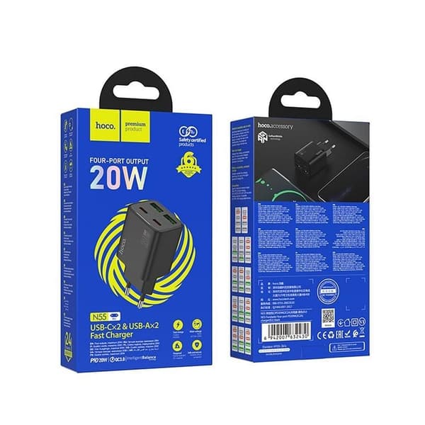 Hoco Snabbladdare PD 20W 2xUSB-A 2xUSB-C QC3.0 3A N55 - Svart