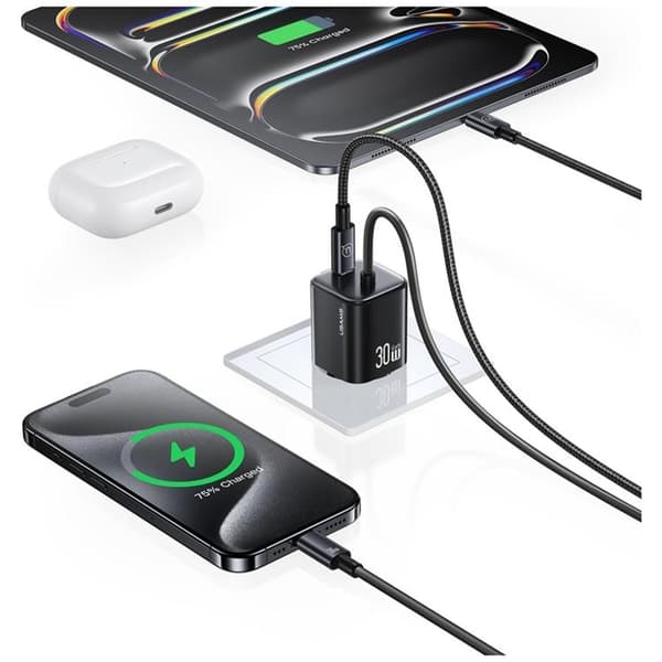 USAMS Hurtigoplader 30W 2xUSB-C GaN Mini JC - Hvid