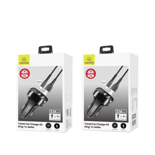 USAMS C13 biloplader 2xUSB-C 2.1A med lynkabel - sort