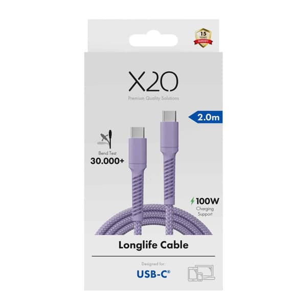 X2O Longlife 100W USB-C/C-kaapeli 2 m laventeli