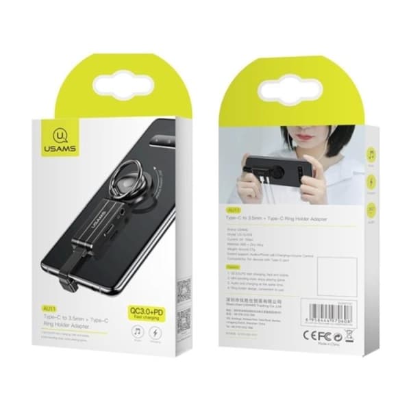 USAMS USB-C til USB-C og 3.5mm Adapter med Ringholder SJ359TC01 - Sort
