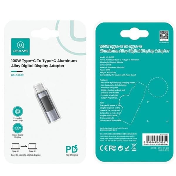 USAMS USB-C–USB-C-adapter 100W näytöllä – Teräs