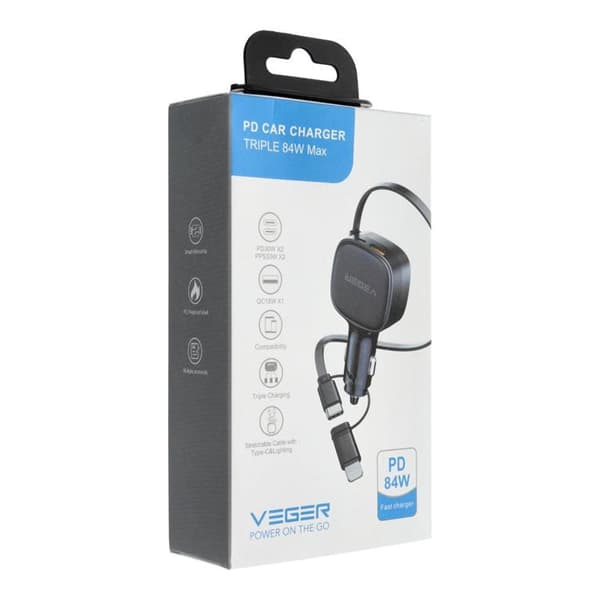 VEGER Biloplader 84W USB-C med Lightning/USB-C Kabel CC89 - Sort
