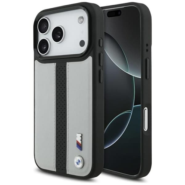 BMW telefontaske til iPhone 17 Pro MagSafe M perforeret stribe logo - grå