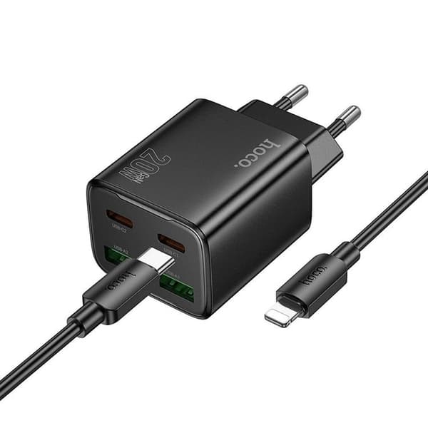 Hoco Hurtigoplader PD 20W 2xUSB-A 2xUSB-C QC3.0 3A med lynkabel N55