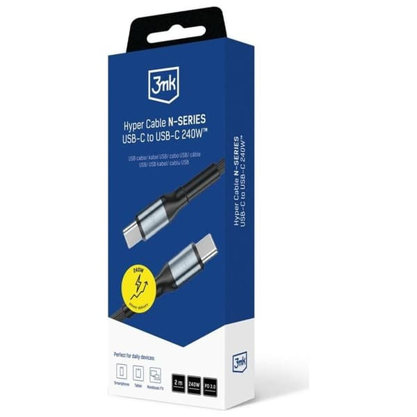 3MK USB-C–USB-C 240W kaapeli 48V/5A 2m N-SARJA Hyper - Musta