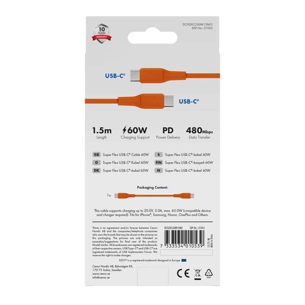 X2O SUPERFLEX 60W USB-C/C-kabel 1,5 m orange