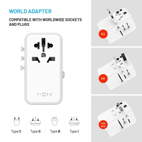 FIXED Rejseadapter/oplader USB-C/-A 85W EU/UK/USA/AUS