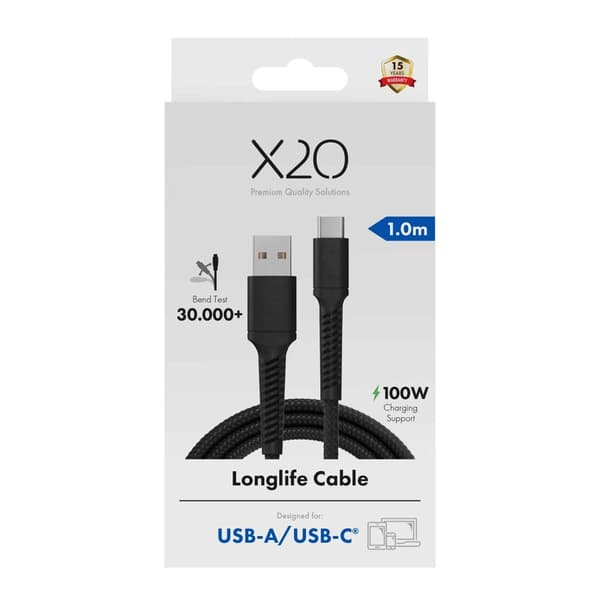 X2O Longlife 60W USB-A/C-kabel 1 m sort